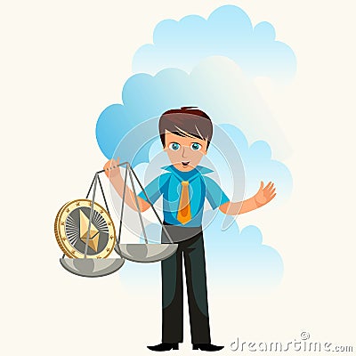 Cartoon man weighs ether crypto currency poster Vector Illustration