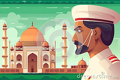 A cartoon of a man in a white hat and a white hat with the words taj mahal in the background. AI generation Stock Photo