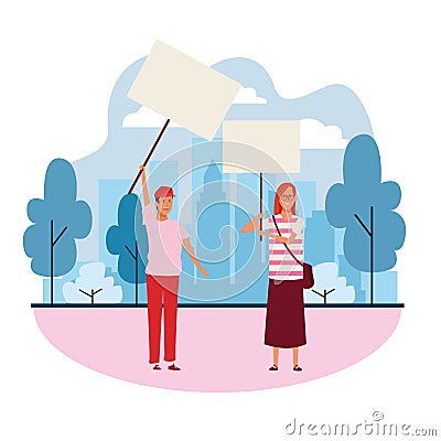 Cartoon man and woman with blank posters, colorful design Vector Illustration