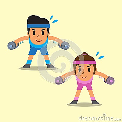 Cartoon man and woman doing dumbbell bent over lateral raise exercise Vector Illustration