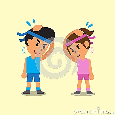 Cartoon man and woman doing neck side bend stretch exercise Vector Illustration