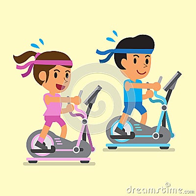 Cartoon a man and a woman exercising on elliptical machines Vector Illustration