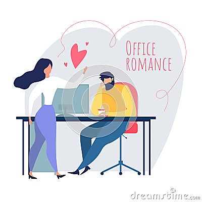 Cartoon Man Woman Flirt Love Relationship at Work Vector Illustration