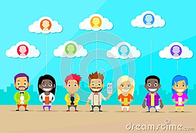 Cartoon Man and Woman People Group Use Smart Vector Illustration