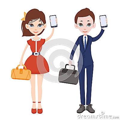 Cartoon man and woman with phones in their hands. Woman in red dress with handbag. Man in a business suit with a Vector Illustration