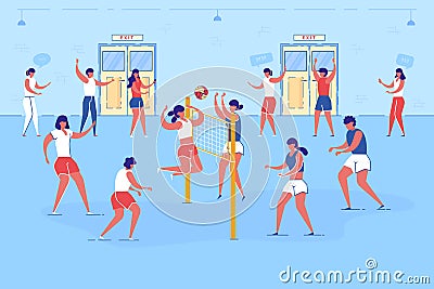 Cartoon Man and Woman Playing Volleyball Indoors Vector Illustration