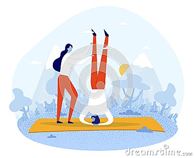 Cartoon Man and Woman Practicing Yoga in Park Vector Illustration