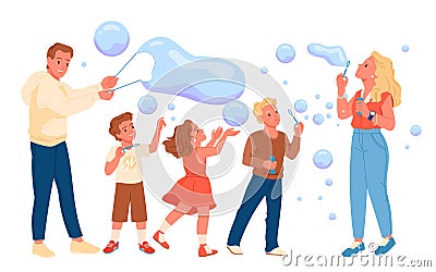 Cartoon man and woman show to cute kids big clear balloons, recreation of happy characters in nature. Family people blow Vector Illustration