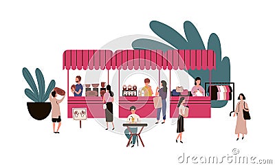 Cartoon man and woman spending time at outdoors market vector flat illustration. Crowd of people looking, buying goods Vector Illustration