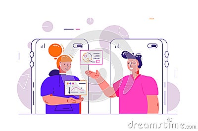 Cartoon man and woman video chatting online Cartoon Illustration