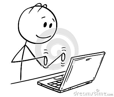 Cartoon of Man Working and Typing on Laptop Computer Vector Illustration