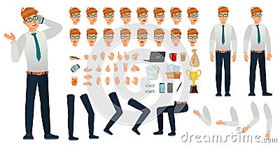 Cartoon manager character kit. Office managers creation constructor, different body views, face emotions and gestures Vector Illustration