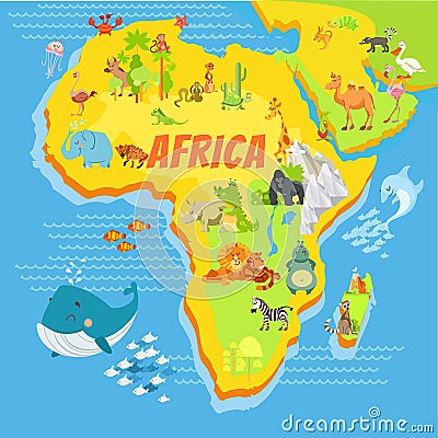 Cartoon map of africa with animals Vector Illustration