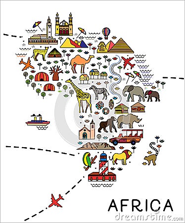 Cartoon map of Africa. Africa travel guide. Travel Poster with animals and sightseeing attractions. Vector Illustration