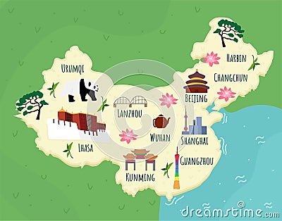 Cartoon map of China. Travel illustration with chineese landmarks, buildings, food and plants. Funny tourist Vector Illustration