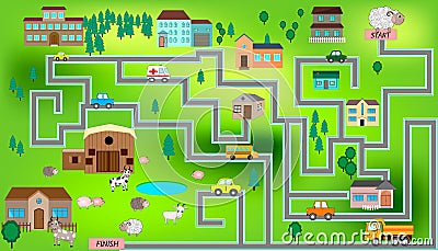 Cartoon map with farm, roads, cars and houses. City map for children with maze. Play mat Vector Illustration