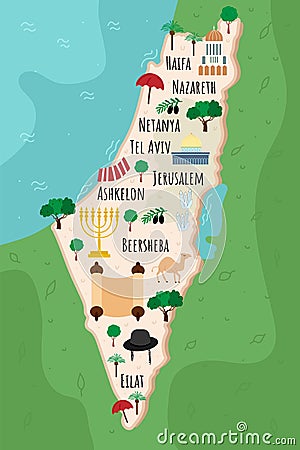Cartoon map of Israel. Travel illustration with Jewish landmarks, buildings, food and plants. Funny tourist infographics. National Cartoon Illustration