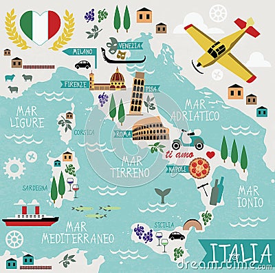 Cartoon Map of Italy Vector Illustration