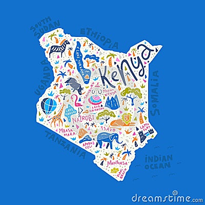 Cartoon Map of Kenya Vector Illustration