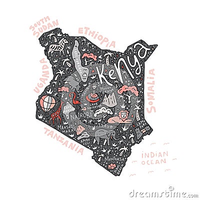 Cartoon Map of Kenya Vector Illustration