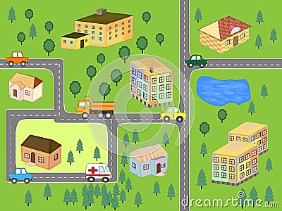 Cartoon map seamless pattern. roads, cars and houses . City map for children. Vector Illustration
