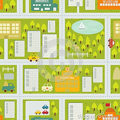 Cartoon map seamless pattern of summer city. Vector Illustration