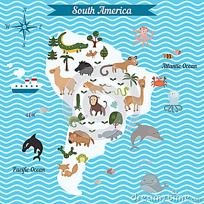 Cartoon map of South America continent with different animals. Vector Illustration