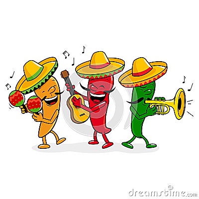 Cartoon hot Mexican mariachi peppers, playing music. Vector illustration Vector Illustration
