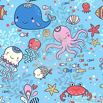 Cartoon marine seamless pattern for childish wallpapers. Stock Photo