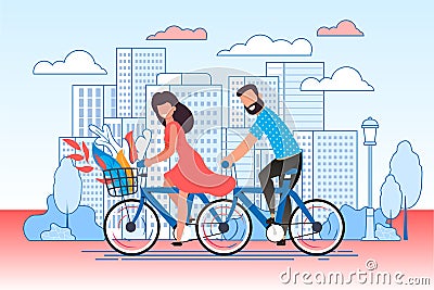 Cartoon Married Couple Cycling through City Street Vector Illustration