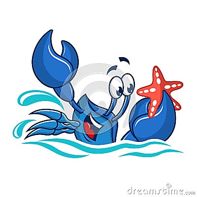 Cartoon mascot blue crab caught starfish. Vector Illustration