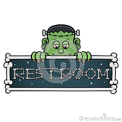 Cartoon Mascot Of Cute Frankenstein With Restroom Signboard. Vector Illustration