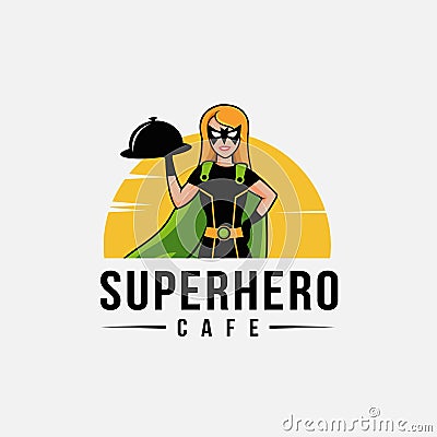 Cartoon mascot superhero waiter logo vector template, super service restaurant logo concept Vector Illustration