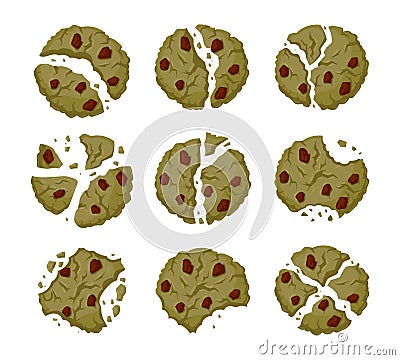Cartoon matcha cookie crumbs. Broken, bitten chocolate chips cookies pieces. Crunchy broken cookies flat vector illustration set Vector Illustration