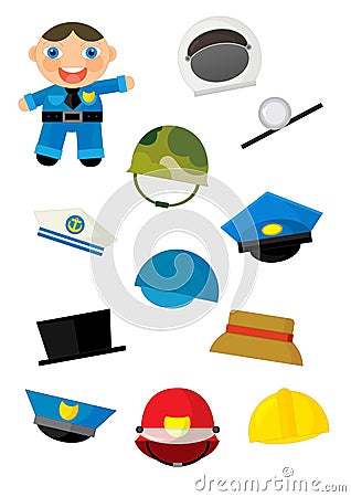 Cartoon matching game with finding proper hats to occupation - policeman Cartoon Illustration