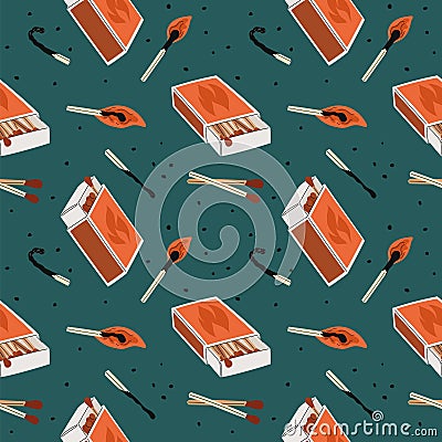 Cartoon matchsticks seamless pattern. Open matchboxes with labels. Burning and charred sticks. Repeated print. Fading Vector Illustration