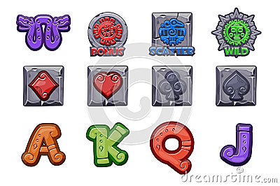 Cartoon MAYA Slots stone icons. Ancient Mexican mythology Vector symbols. American aztec, mayan culture native totem Vector Illustration