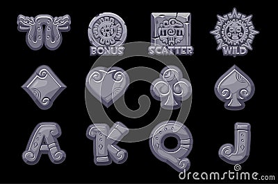 Cartoon MAYA Slots stone icons. Ancient Mexican mythology Vector symbols. American aztec, mayan culture native totem Vector Illustration