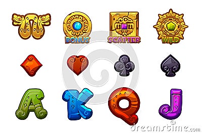 Cartoon MAYA Slots stone icons. Ancient Mexican mythology Vector symbols. Game casino, slot, UI. Vector Illustration