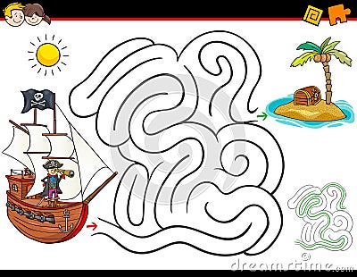 Cartoon maze activity with pirate and treasure Vector Illustration