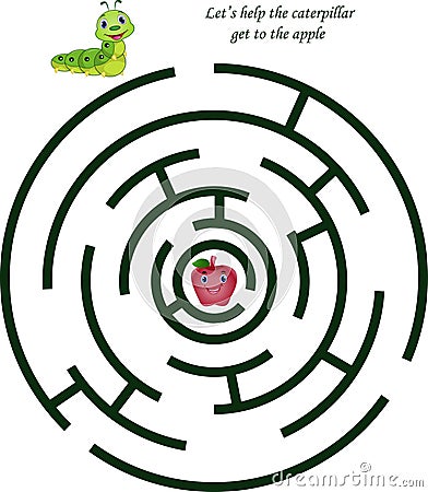 Cartoon maze for kids with cute caterpillar and apple Vector Illustration