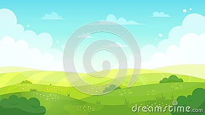 Cartoon meadow landscape. Summer green fields view, spring lawn hill and blue sky, green grass fields landscape vector Vector Illustration