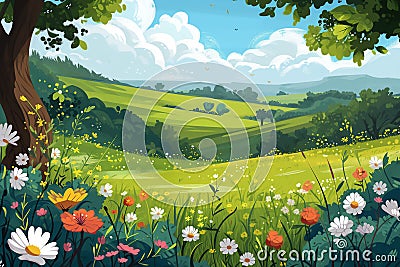 Cartoon meadow spring country meadow landscape background of a springtime green pasture field with a blue summer sky and fluffy Cartoon Illustration