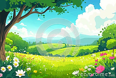 Cartoon meadow spring country meadow landscape background of a springtime green pasture field with a blue summer sky and fluffy Cartoon Illustration