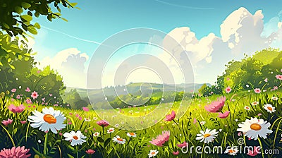 Cartoon meadow spring country meadow landscape background of a springtime green pasture field with a blue summer sky and fluffy Cartoon Illustration