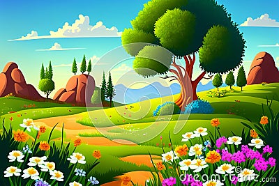 Cartoon meadow spring country lane landscape background Cartoon Illustration