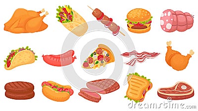 Cartoon meat food. Fried chicken legs, burger and grilled steak. Beacon, hot dogs and sausages. Burrito, taco and Vector Illustration