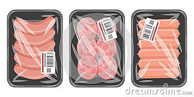 Cartoon meat sausages on plastic tray. Packed with vacuum plastic packaging meat semi-finished and sausages flat vector Vector Illustration