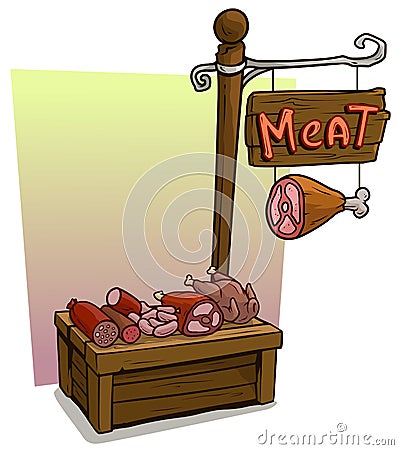 Cartoon meat vendor booth market wooden stand Vector Illustration