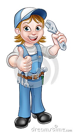 Cartoon Mechanic or Plumber Woman Holding Spanner Vector Illustration